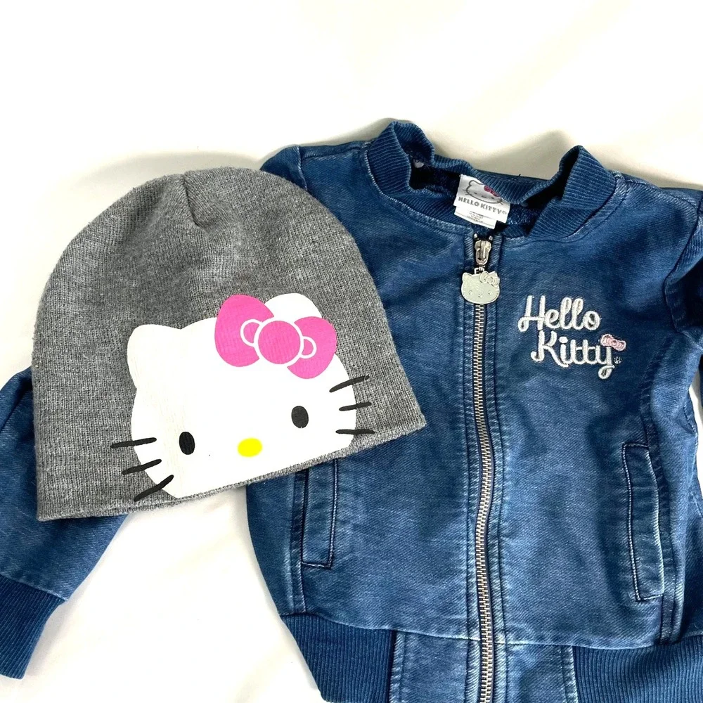 Hello Kitty Girls Light Blue Denim Jacket 3T Beanie Hat Cuteness Tote Bag
